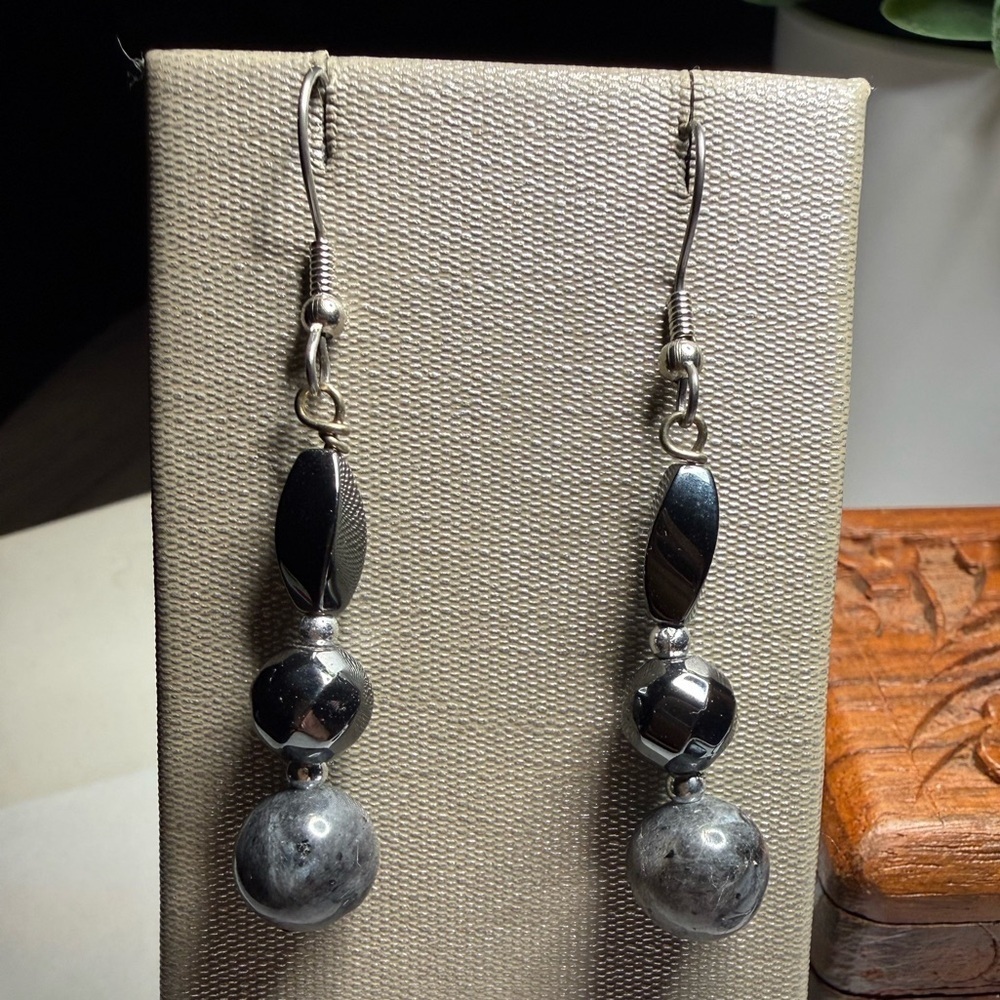Magnetic Gray Jasper Hematite Drop Earrings 2¼” Silver Tone